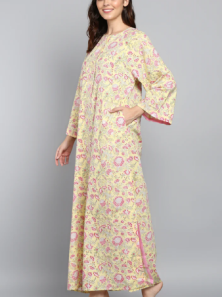 Yellow Pink Full Sleeve Nighty