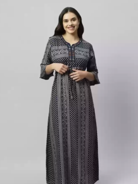 Black Print Full Sleeve Nighty