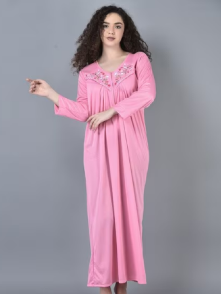 Pink Embroidered Sleeve Nighty